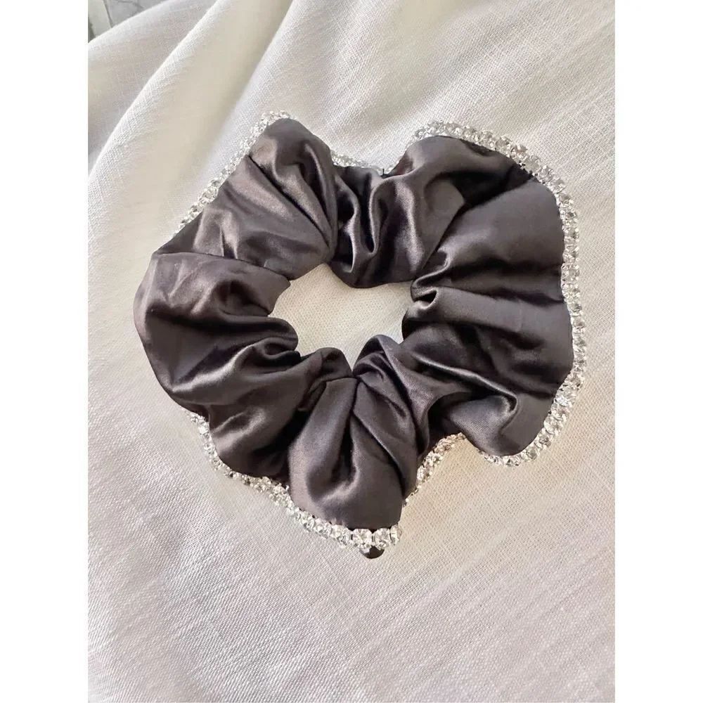 Black satin hair scrunchie with rhinestone trim 